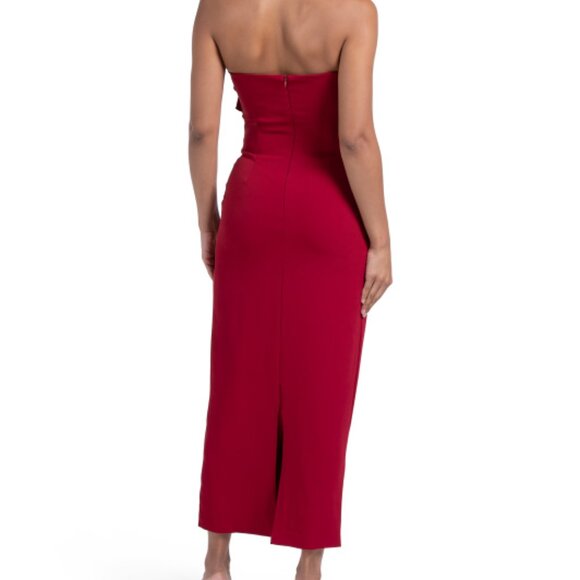 Dalia Macphee Red Strapless 3d Floral Midi Gown - Picture 2 of 3